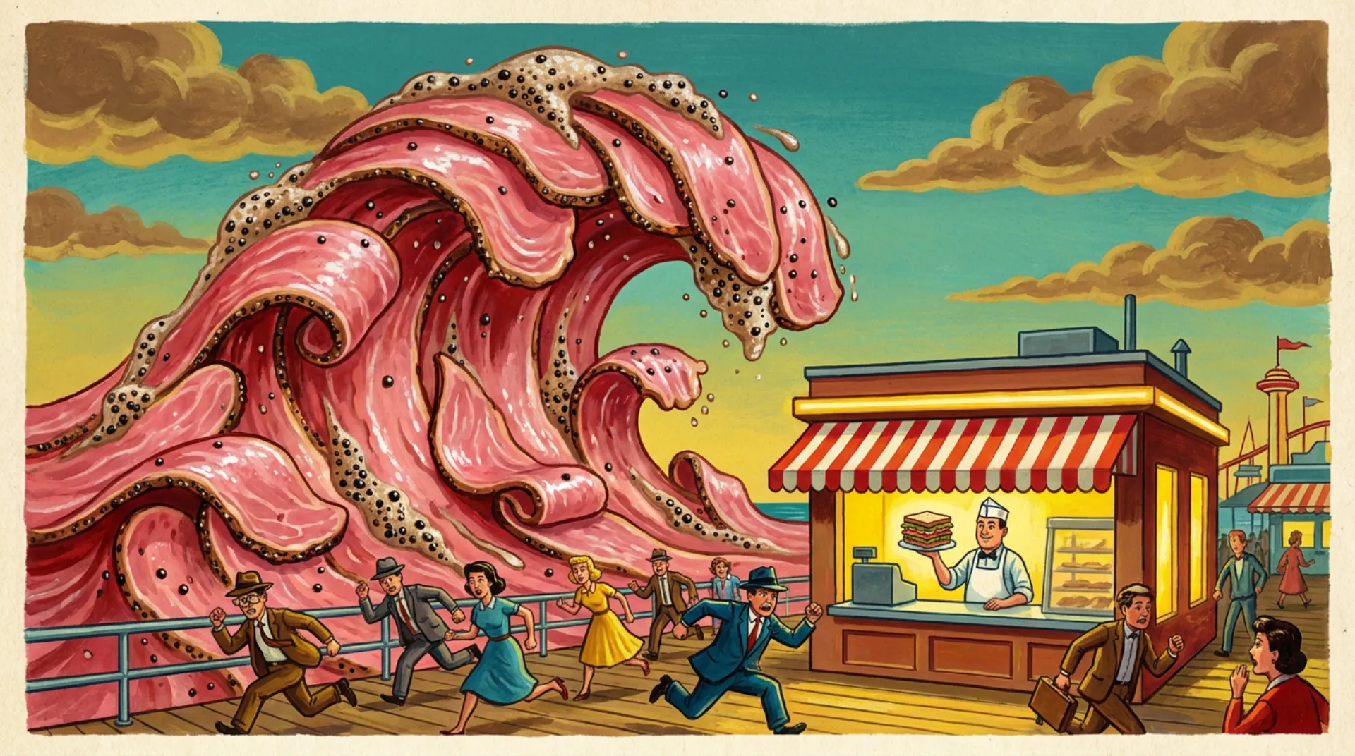 Comic 1950s poster painting: a towering curling wave made of glistening pink pastrami slices and peppercorn foam crashes toward a seaside boardwalk while people in hats run in panic, and a cheerful counterman in a white paper hat calmly holds up a tall sandwich from a deli stand with a striped awning.