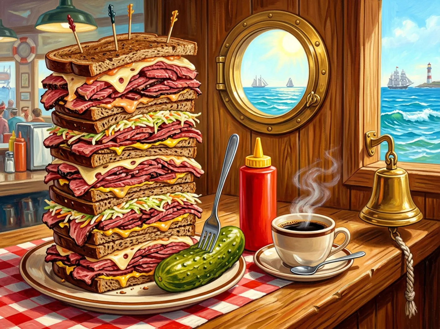 A comically tall pastrami on rye, many layers deep with melted cheese and slaw, on a checkered counter beside a giant pickle, a red squeeze bottle, a steaming cup of coffee and a brass ship's bell; a porthole shows sailing ships on a sunny sea.